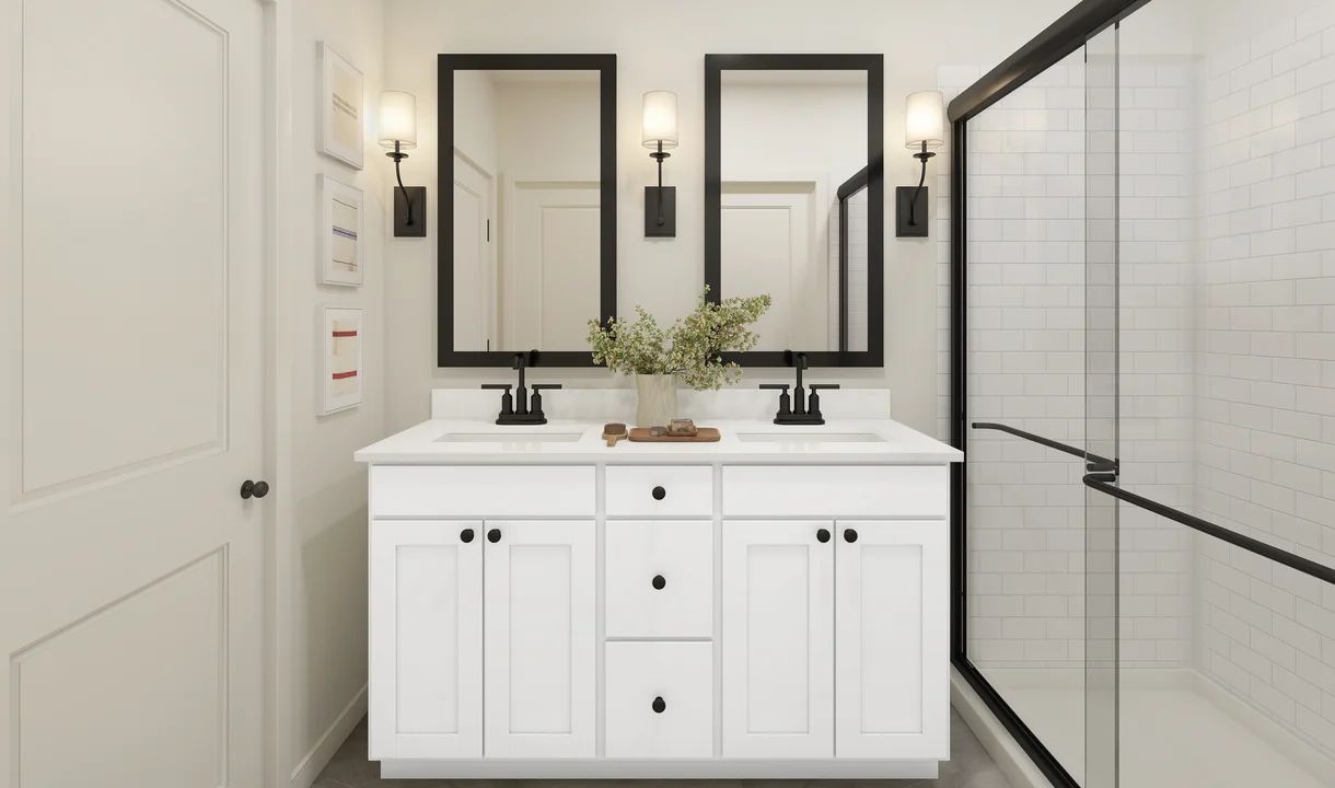 Primary bath with matte black hardware and fixtures