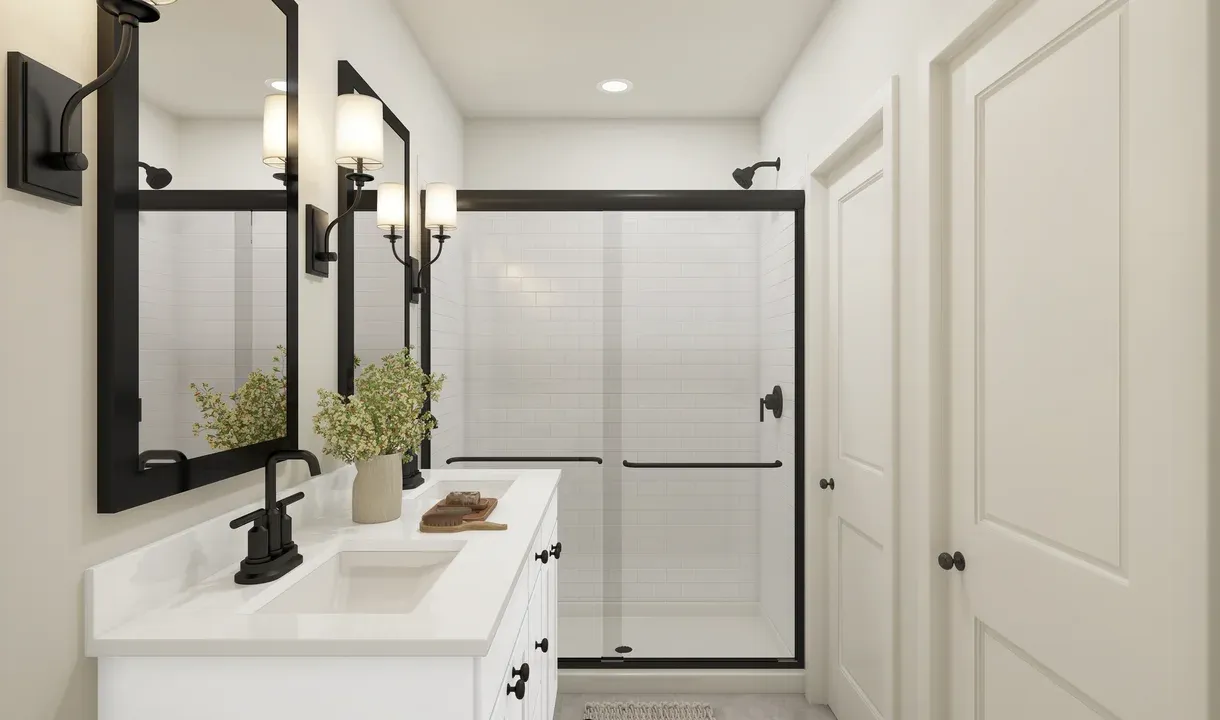 Matte black glass shower enclosure in primary bath