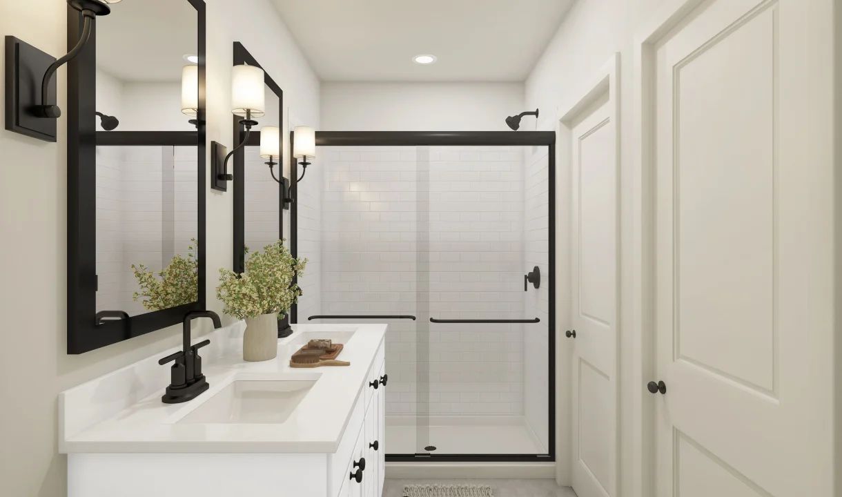 Matte black glass shower enclosure in primary bath