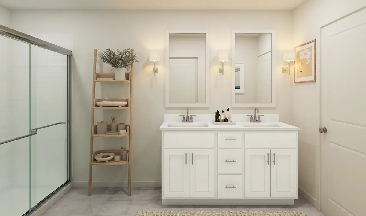 Primary bath with dual sinks and chrome fixtures