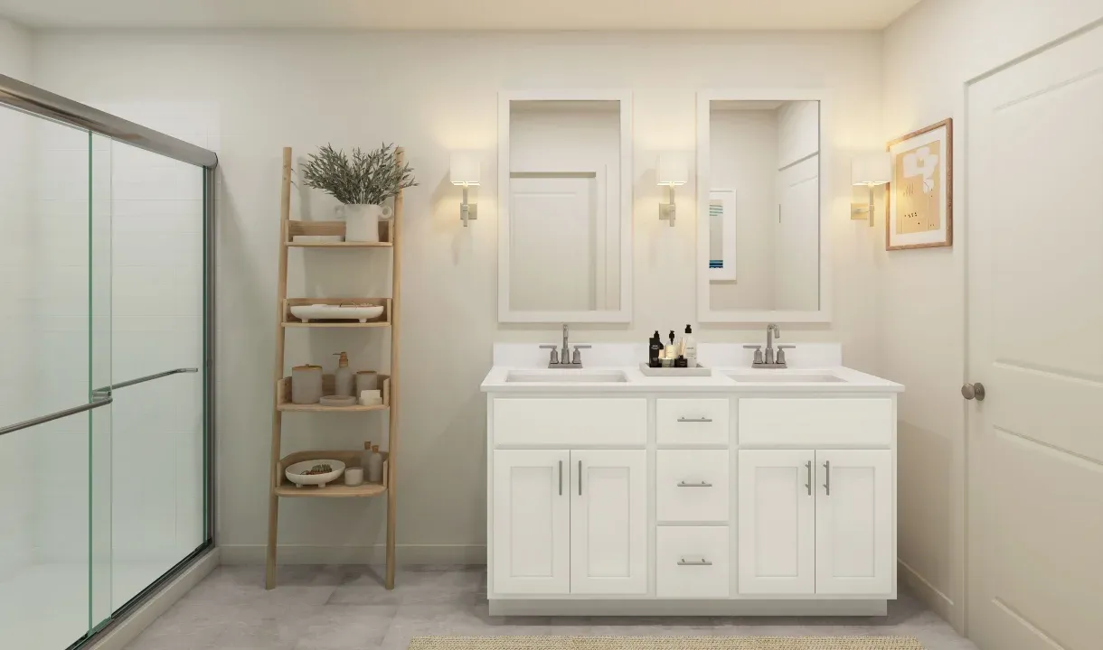 Primary bath with dual sinks and chrome fixtures