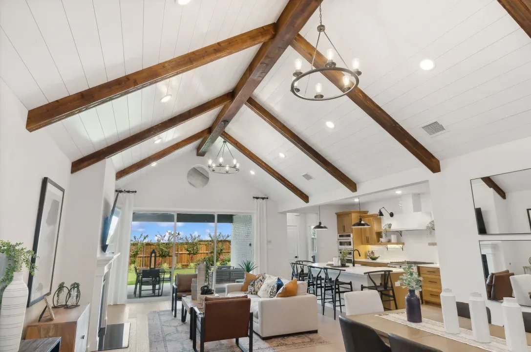 Great room with stained ceiling beams