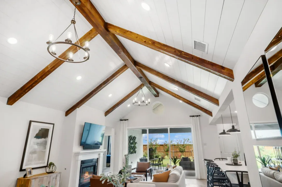 Great room with stained ceiling beams