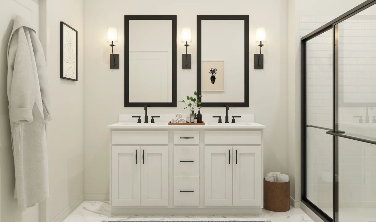 Primary bath with freestanding vanity