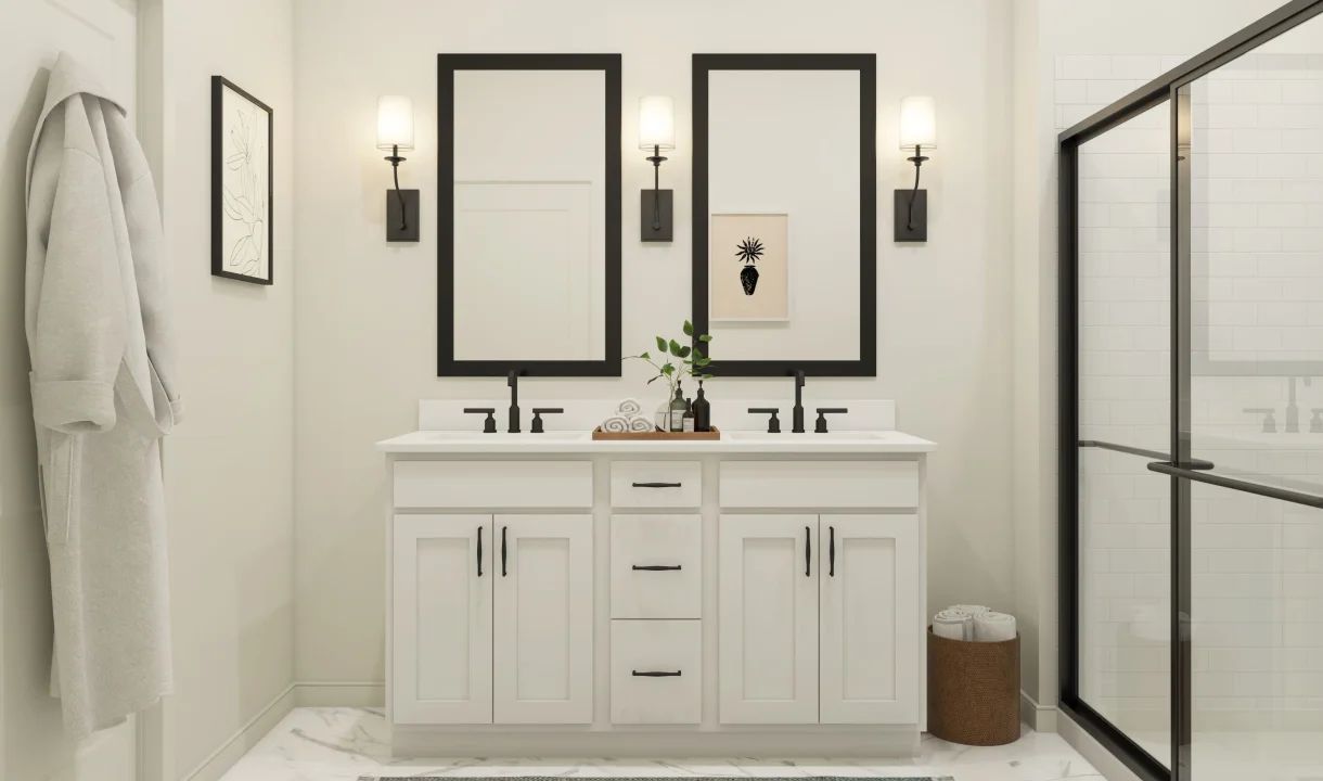 Primary bath with freestanding vanity