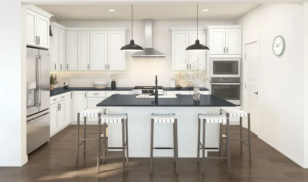 Kitchen with pendant lighting and floating shelves