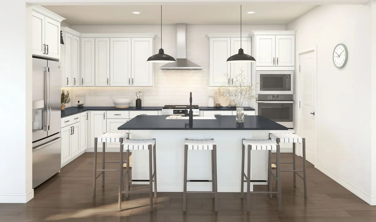 Kitchen with pendant lighting and floating shelves