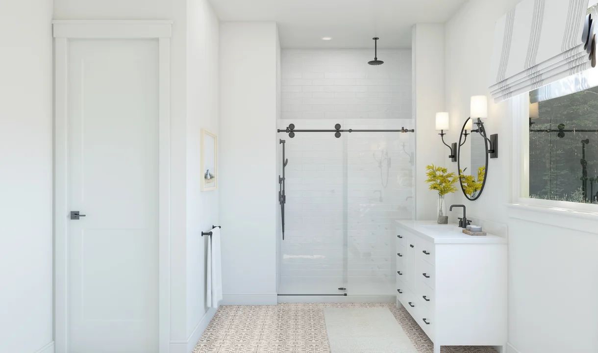 Primary bath with glass shower enclosure