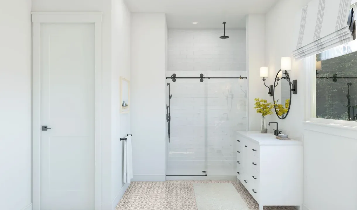Primary bath with glass shower enclosure