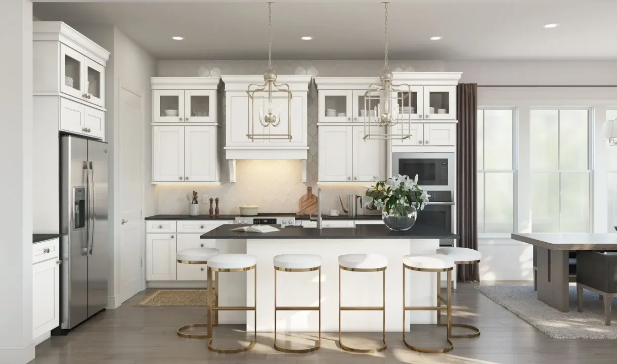 Kitchen with pendant lights & vast island