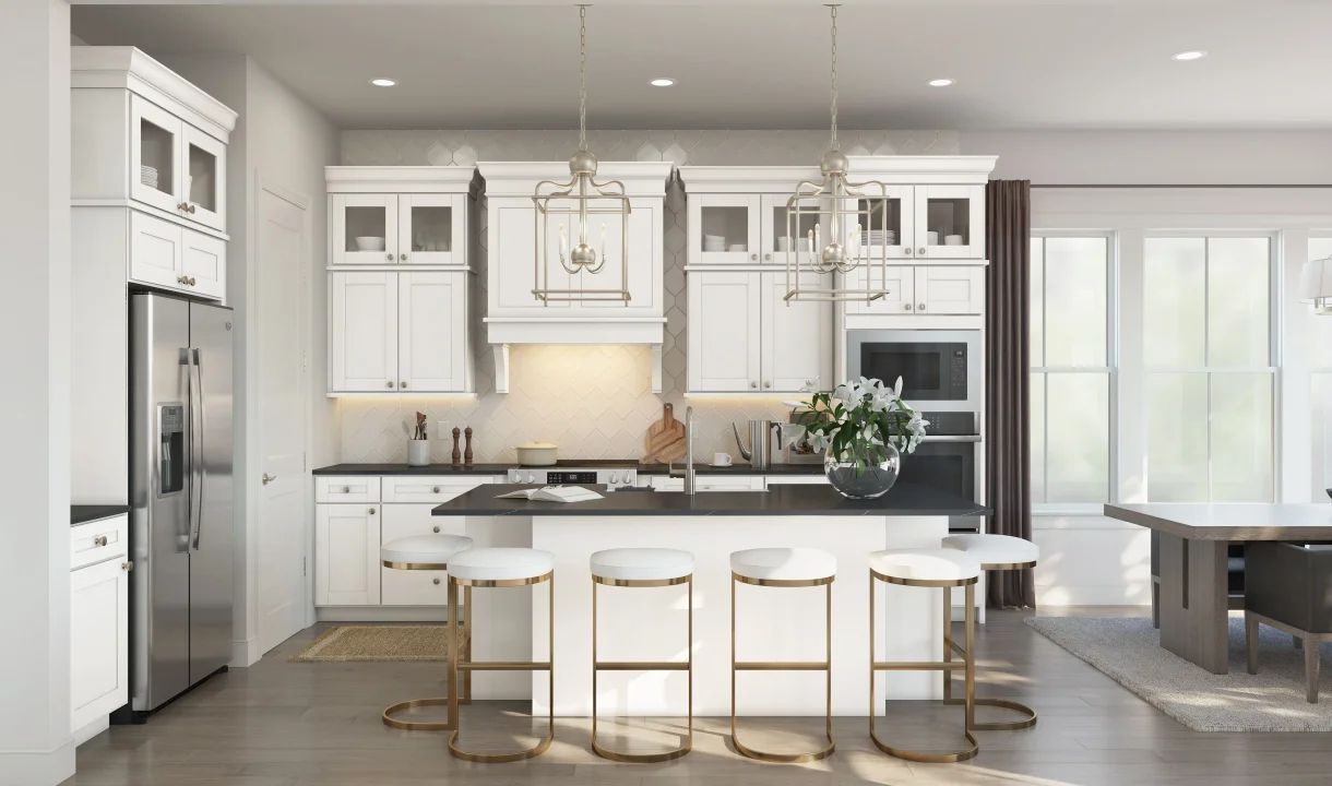 Kitchen with pendant lights & vast island