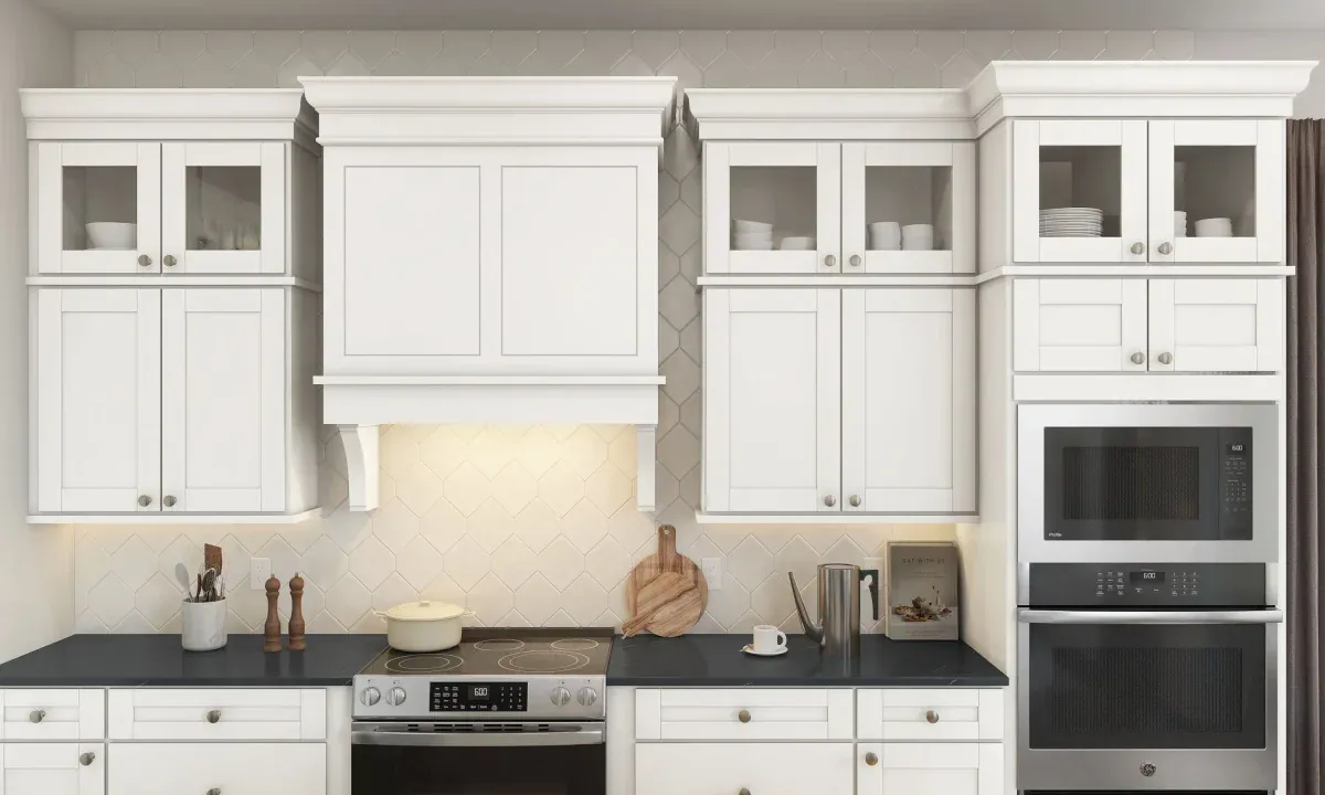 Kitchen with upper glass cabinets