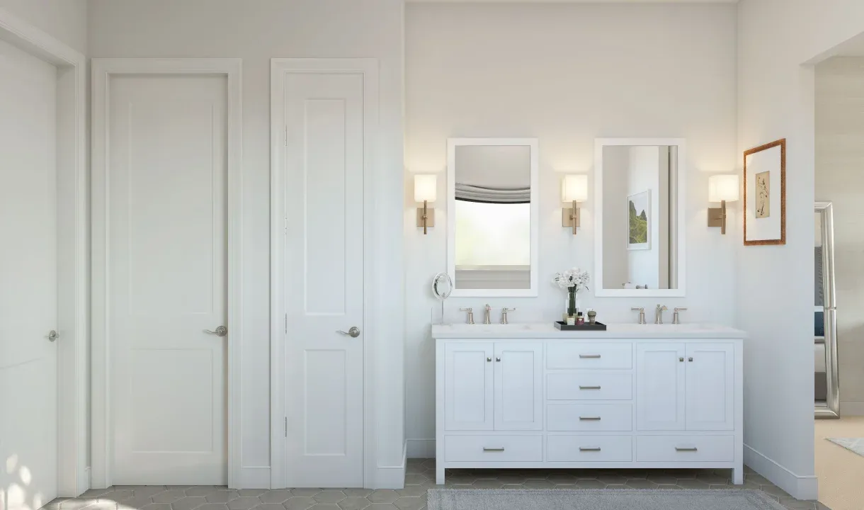 Primary bath featuring freestanding vanity & dual sinks