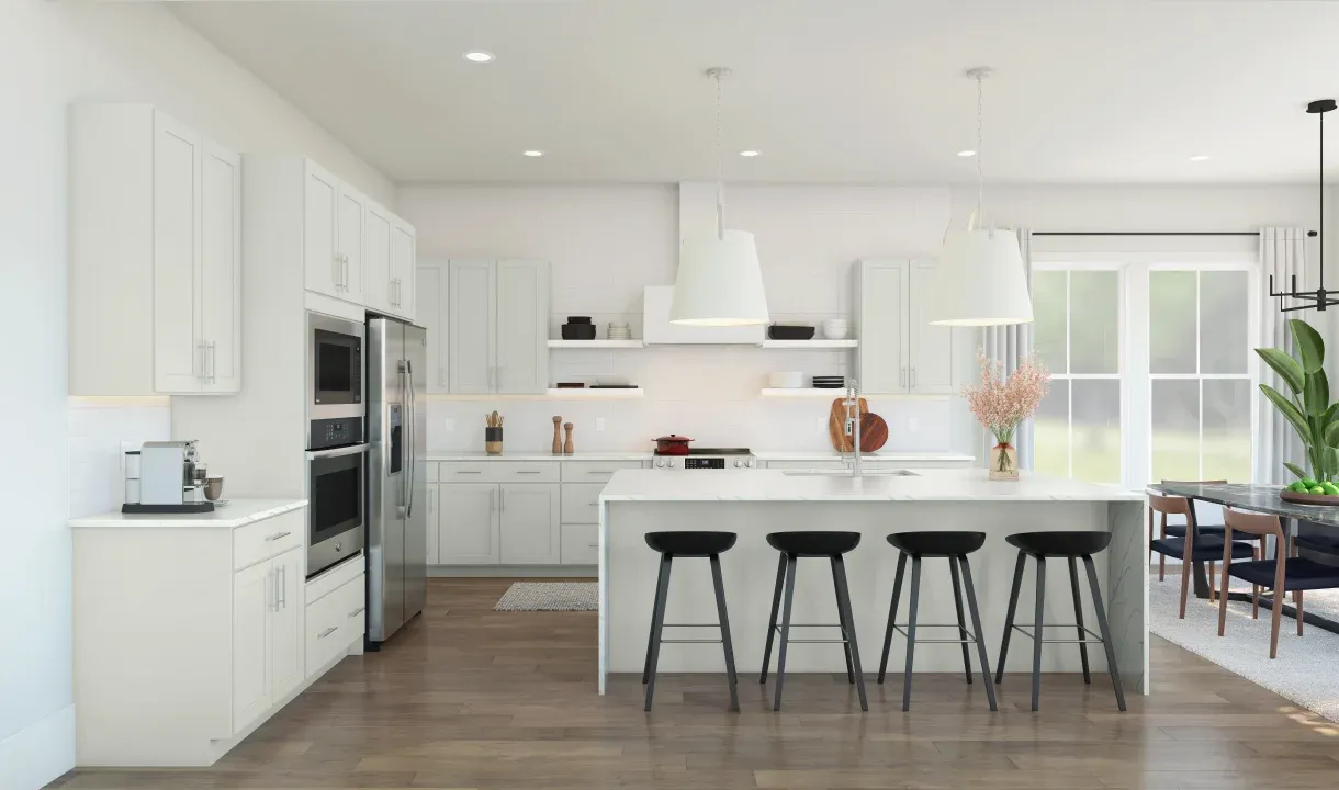 Kitchen featuring vast island & pendant lights