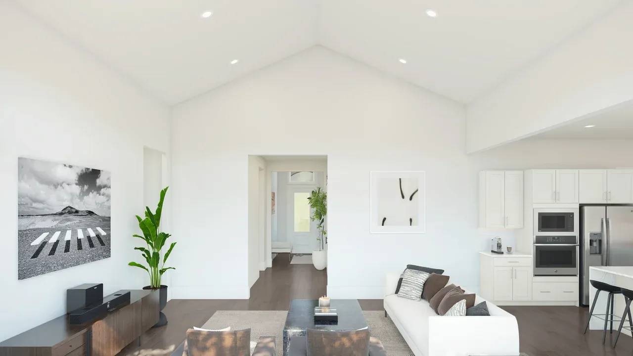 Great room with vaulted ceiling