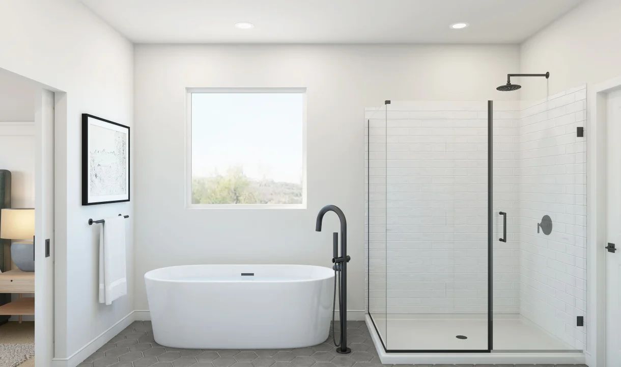 Freestanding tub with glass shower enclosure