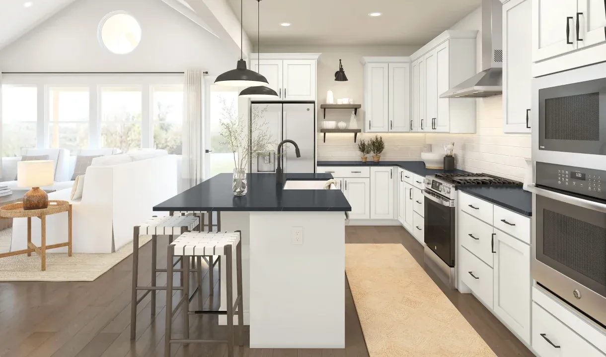 Floating shelves and pendant lighting in kitchen