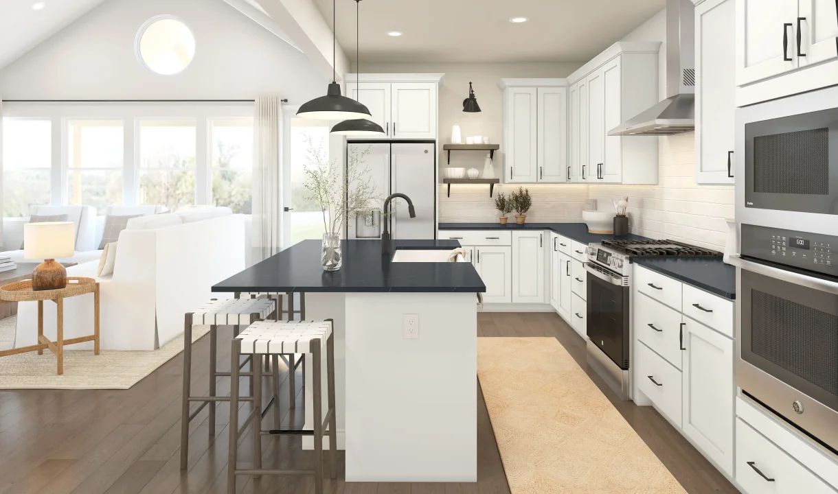 Floating shelves and pendant lighting in kitchen