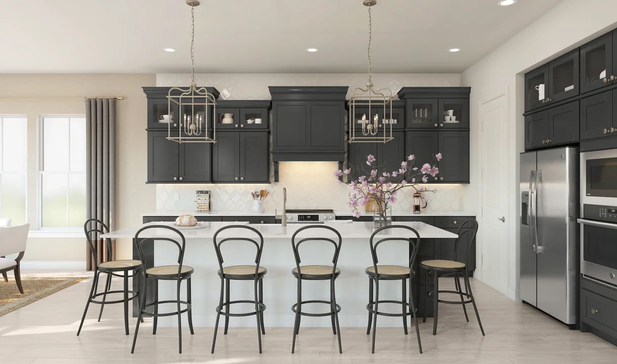 Kitchen with glass upper cabinets and pendant lighting