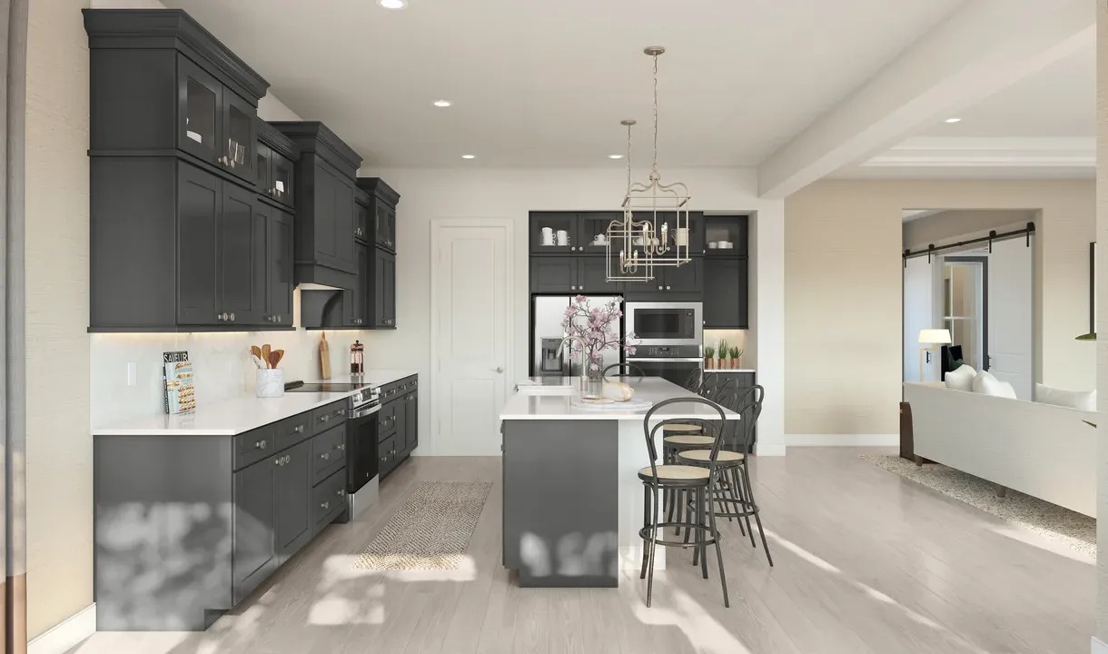 Kitchen with glass upper cabinets and pendant lighting
