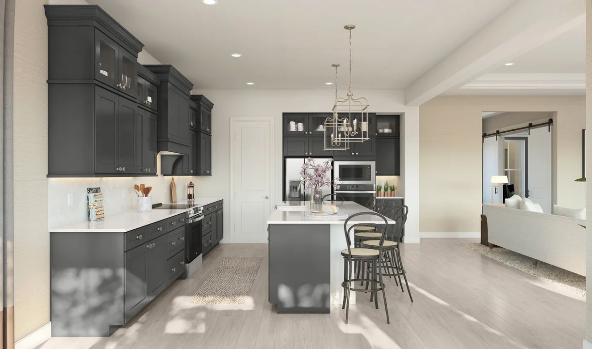 Kitchen with glass upper cabinets and pendant lighting