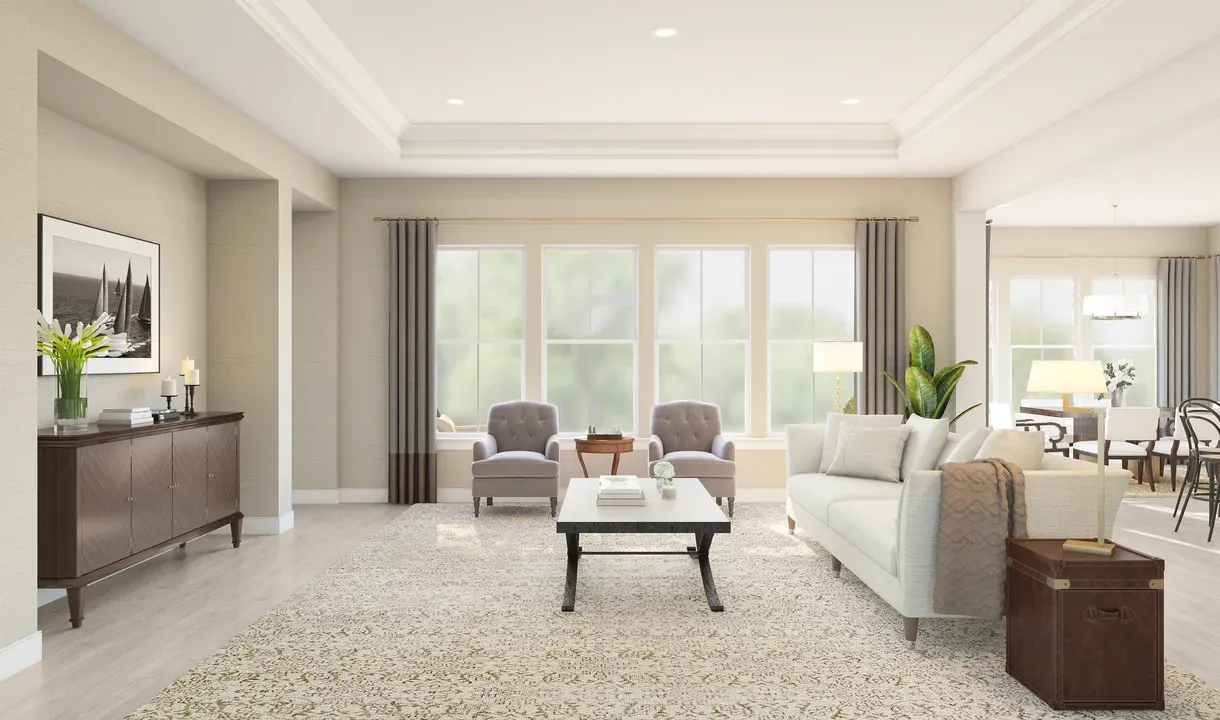 Great room with crown moulding and ceiling treatment