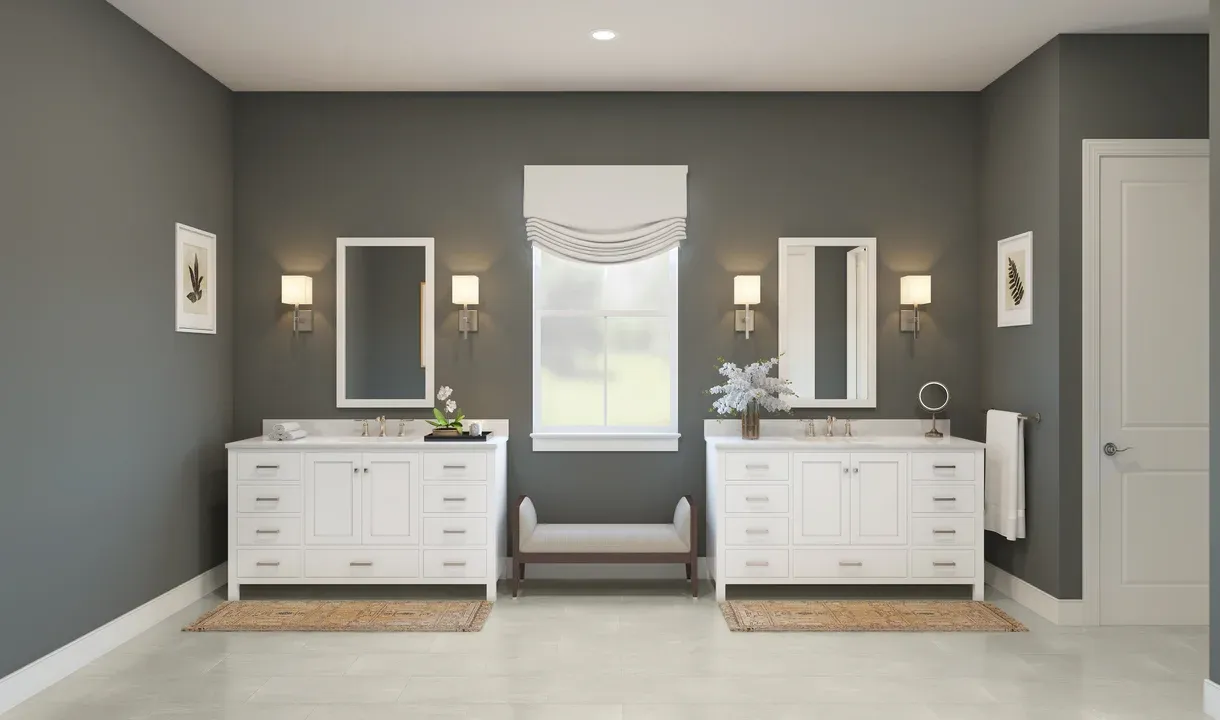 Primary bath with dual freestanding vanities