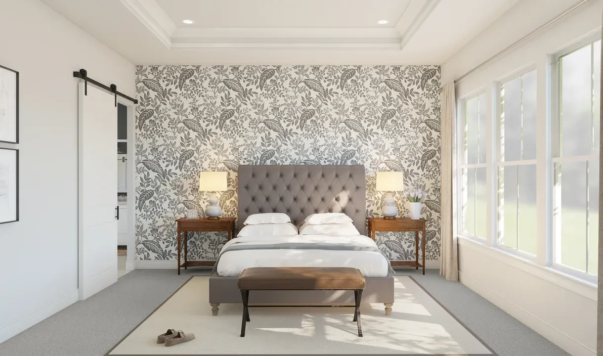 Primary suite with ceiling treatment and plush carpeting