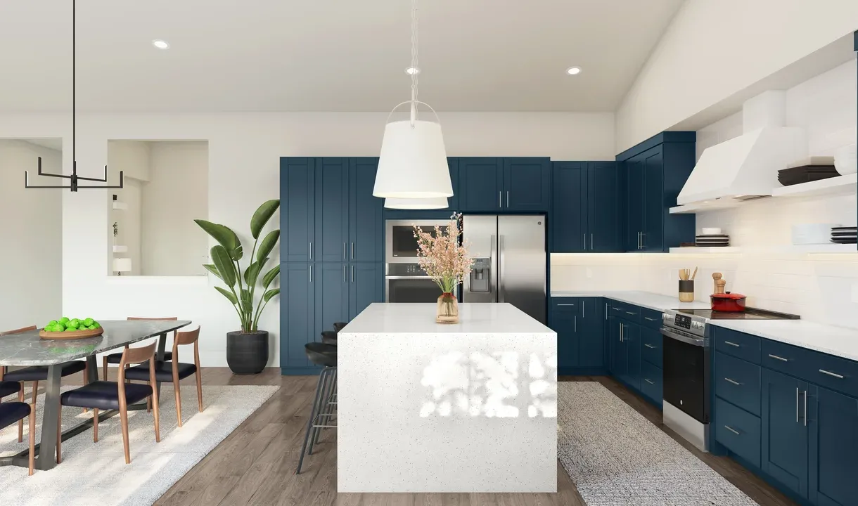 Kitchen with waterfall island and pendant lighting