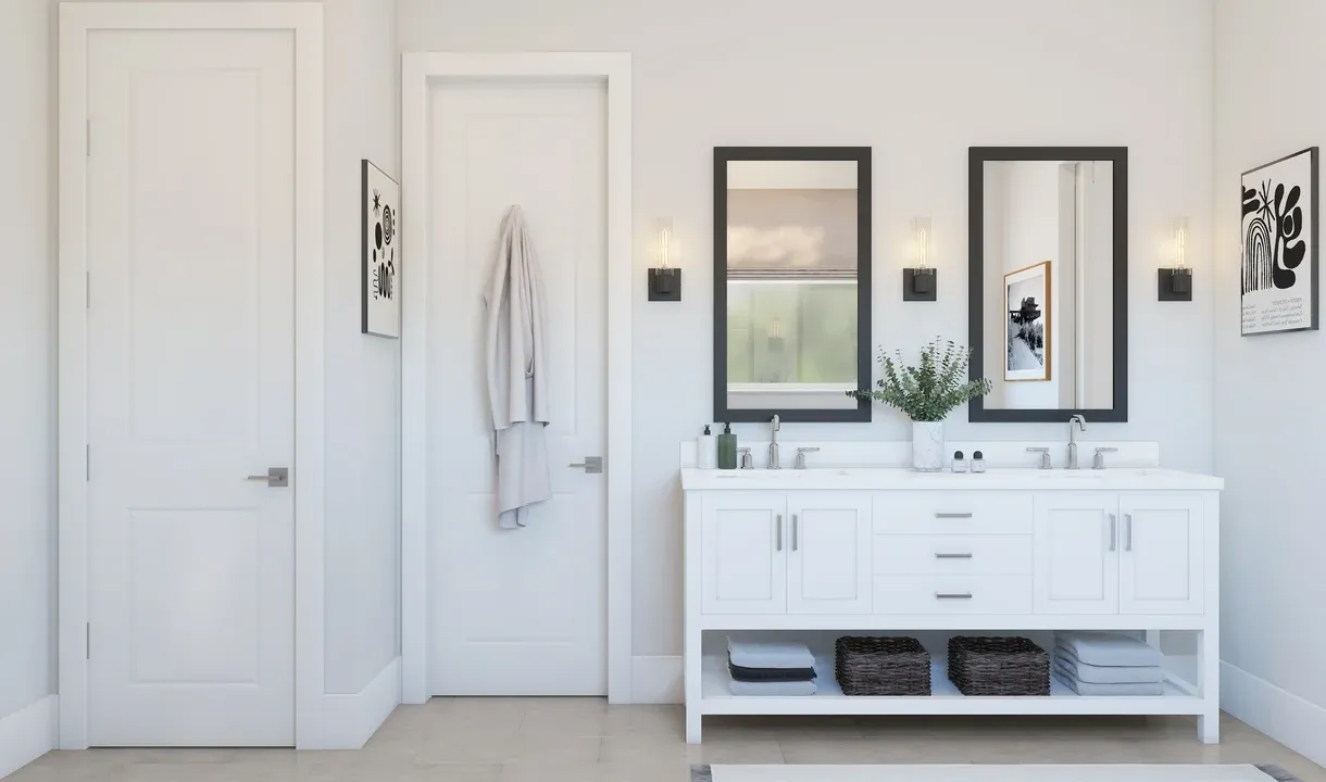 Primary bath with freestanding vanity