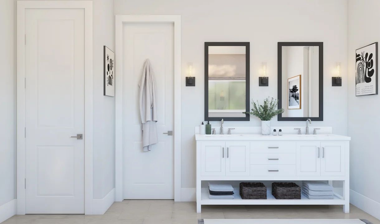 Primary bath with freestanding vanity
