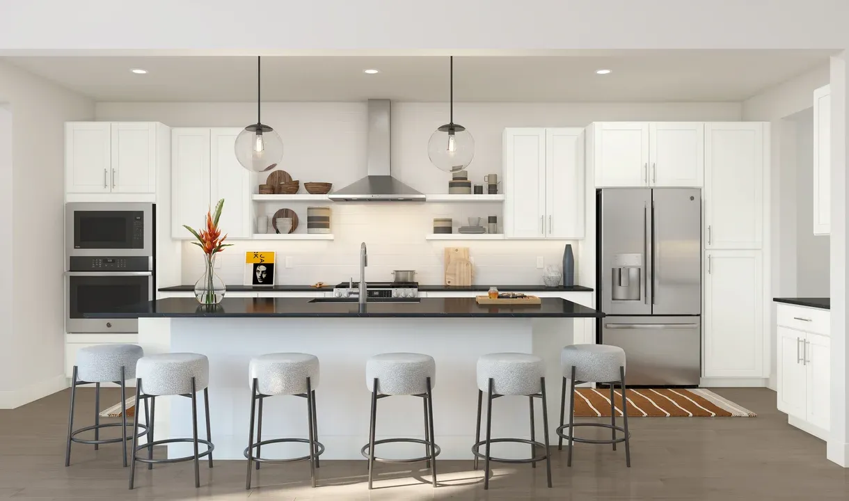 Kitchen with pendant lighting and floating shelves