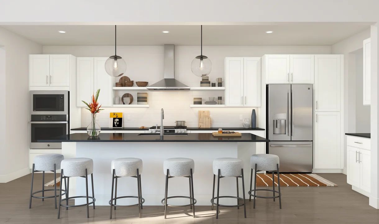 Kitchen with pendant lighting and floating shelves
