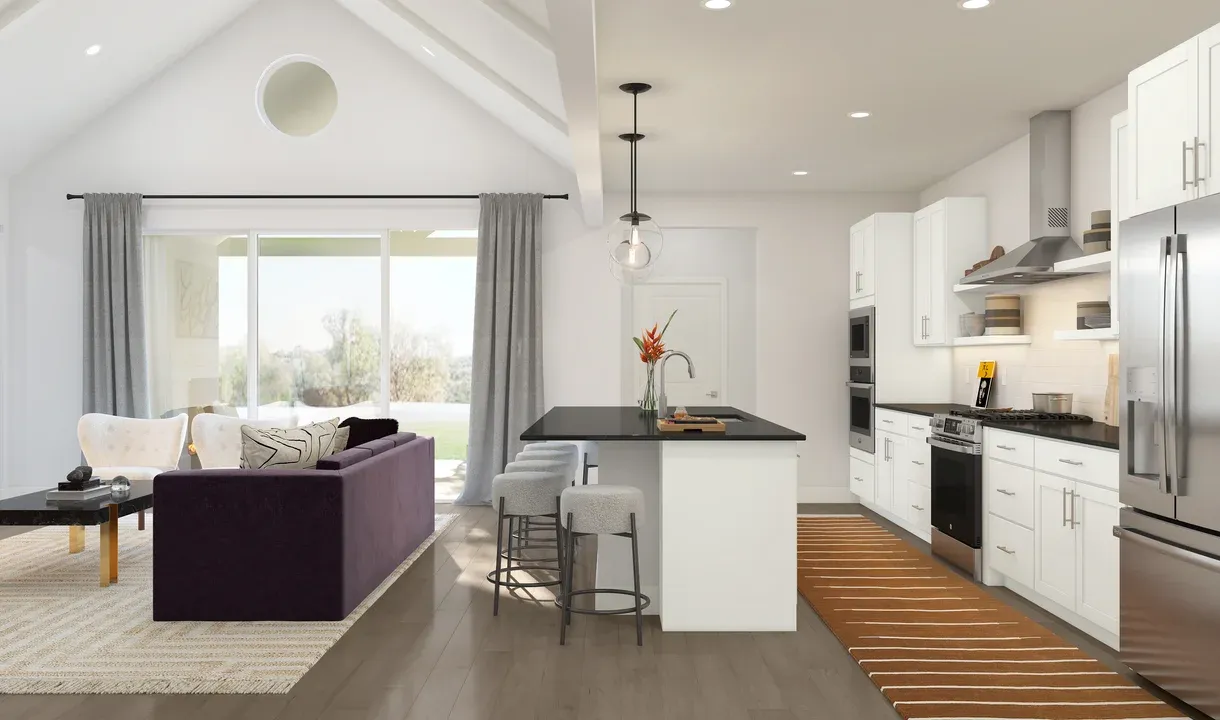 Floating shelves and waterfall island in the kitchen