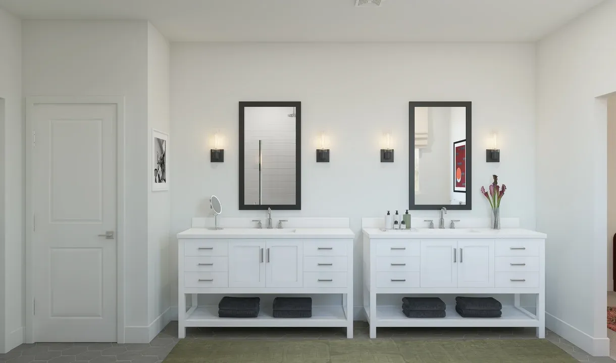 Primary bath with freestanding vanities