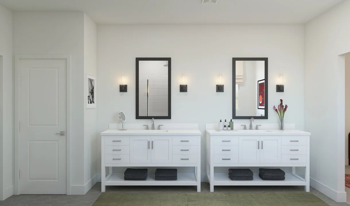 Primary bath with freestanding vanities