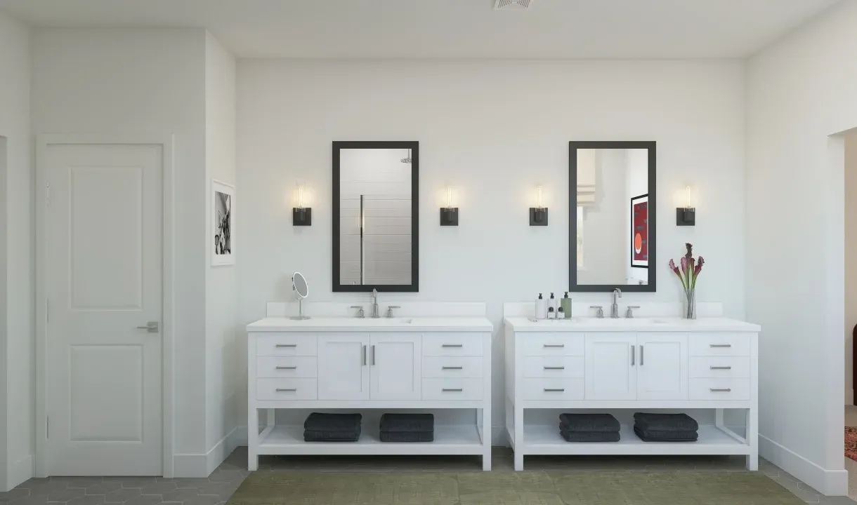 Primary bath with freestanding vanities
