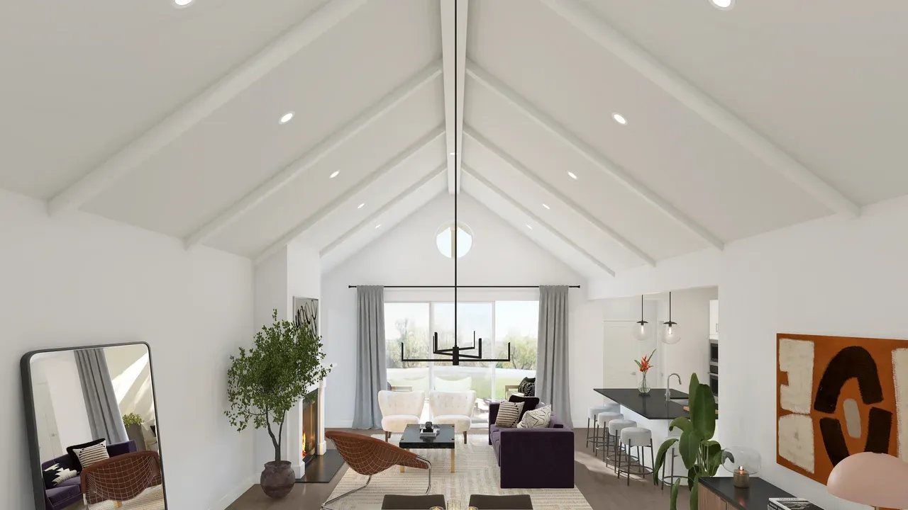 Great room with white-painted ceiling beams