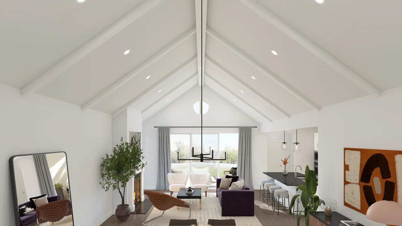 Great room with white-painted ceiling beams