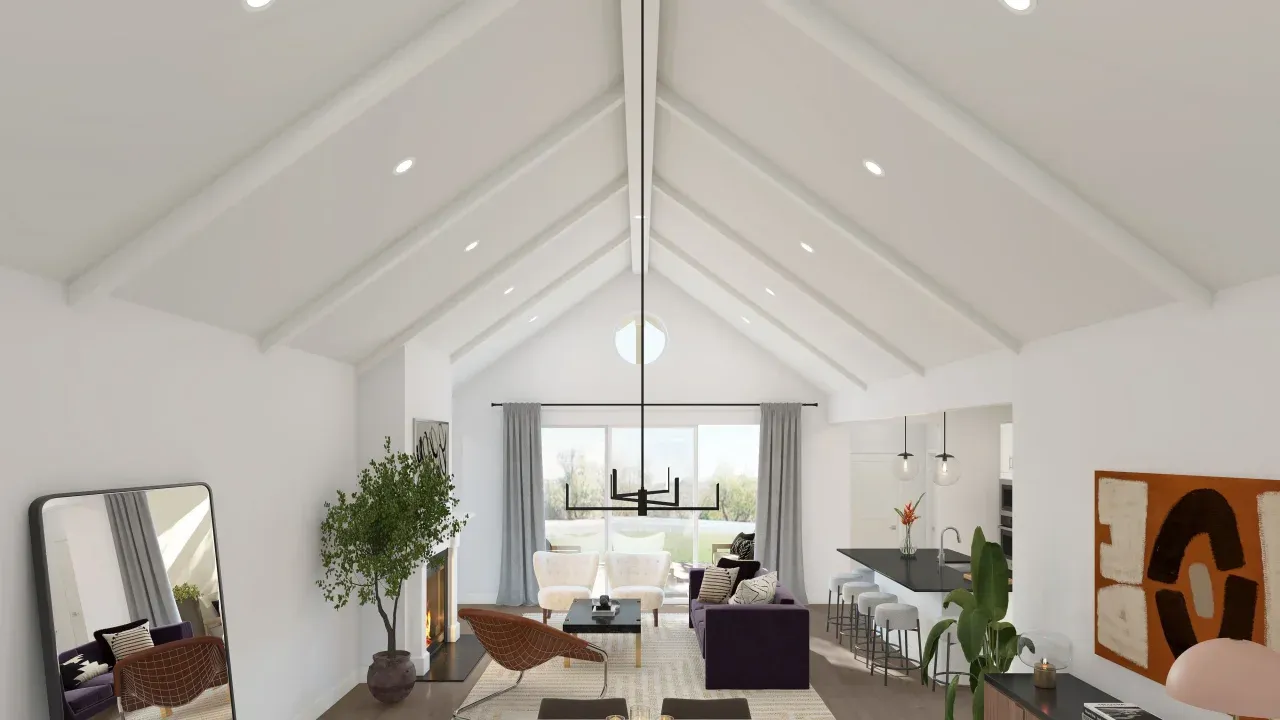Great room with white-painted ceiling beams