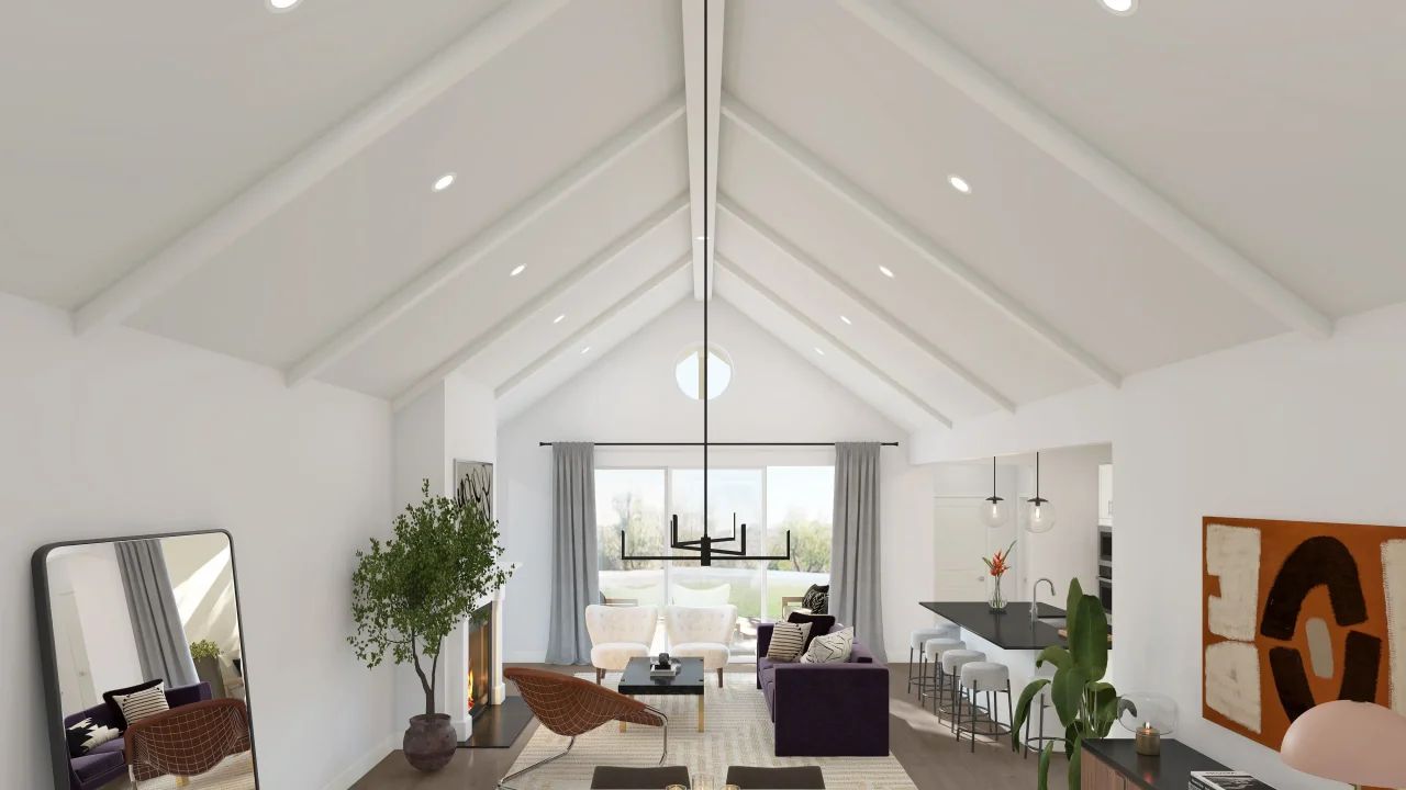 Great room with white-painted ceiling beams
