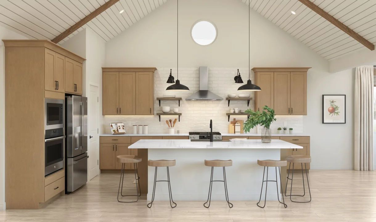 Kitchen with vaulted ceiling and stained ceiling beams