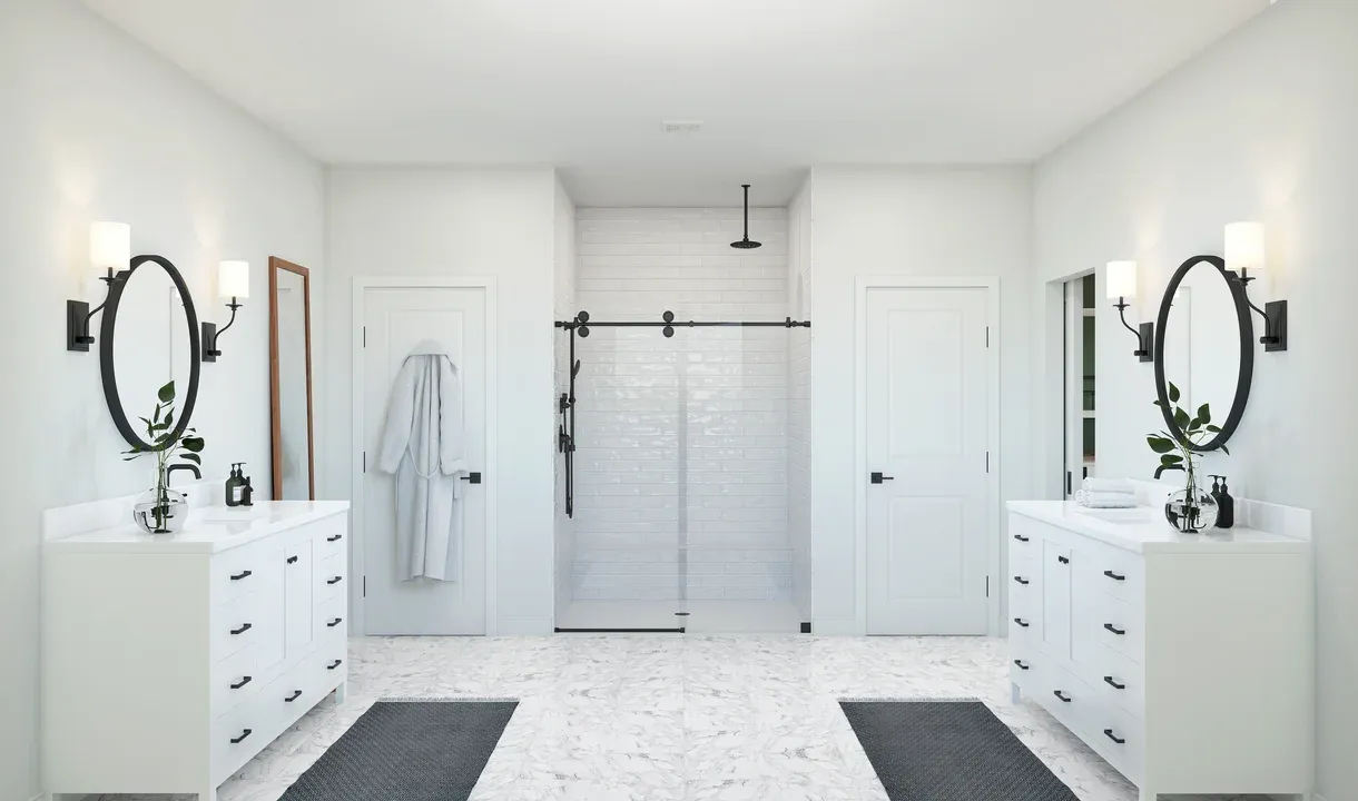 Primary bath with dual vanities and freestanding vanity