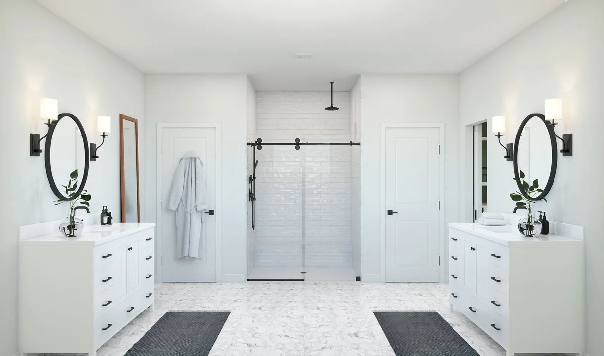 Primary bath with dual vanities and freestanding vanity