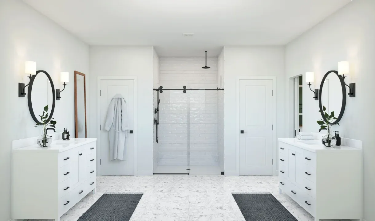 Primary bath with dual vanities and freestanding vanity
