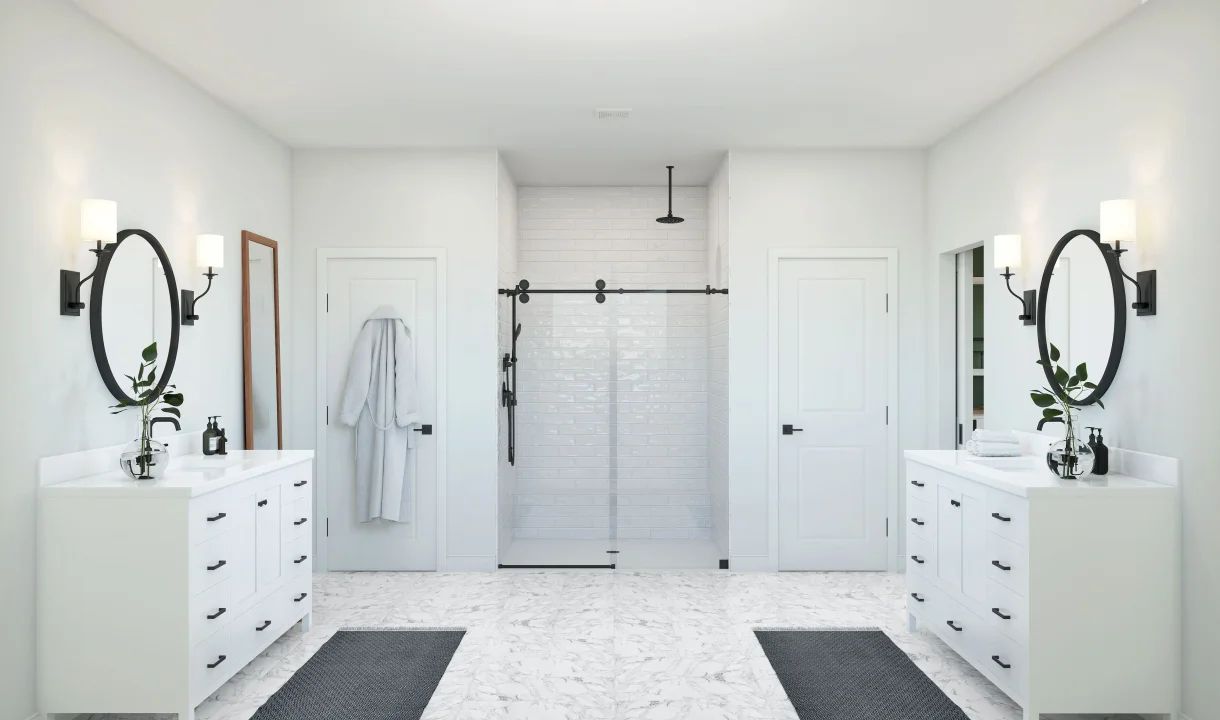 Primary bath with dual vanities and freestanding vanity