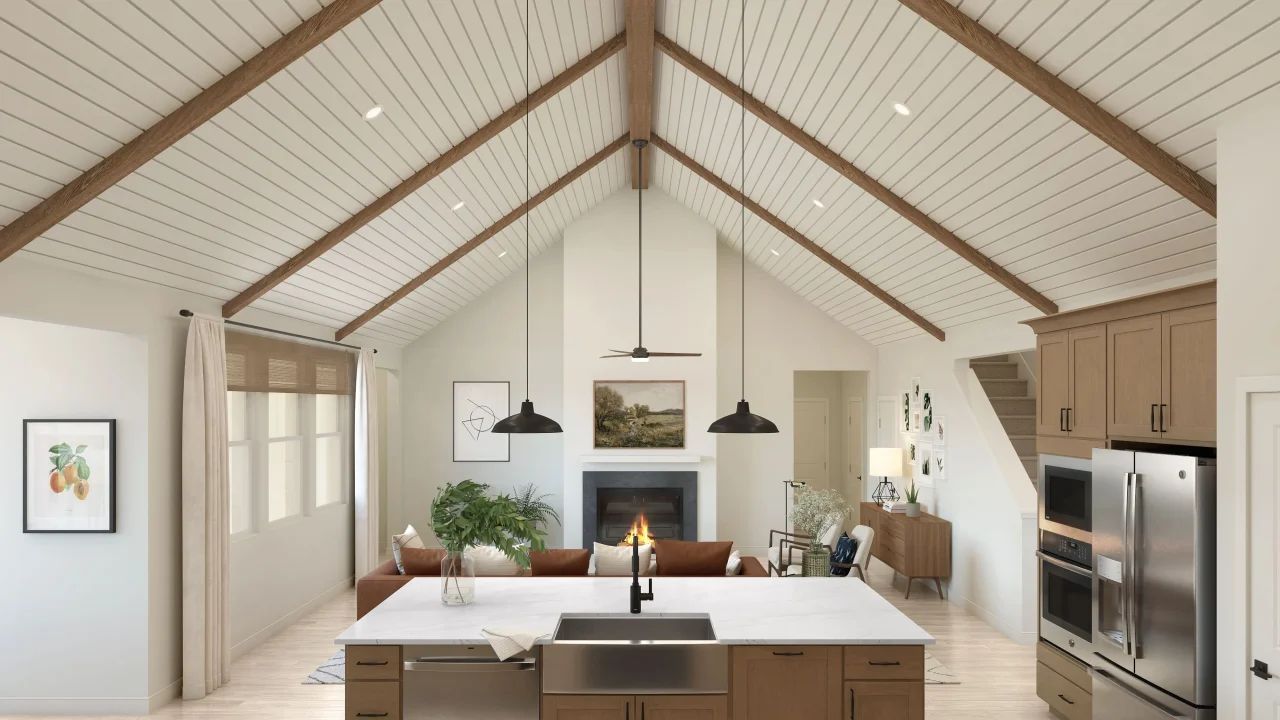 Vaulted ceiling with stained ceiling beams in great room