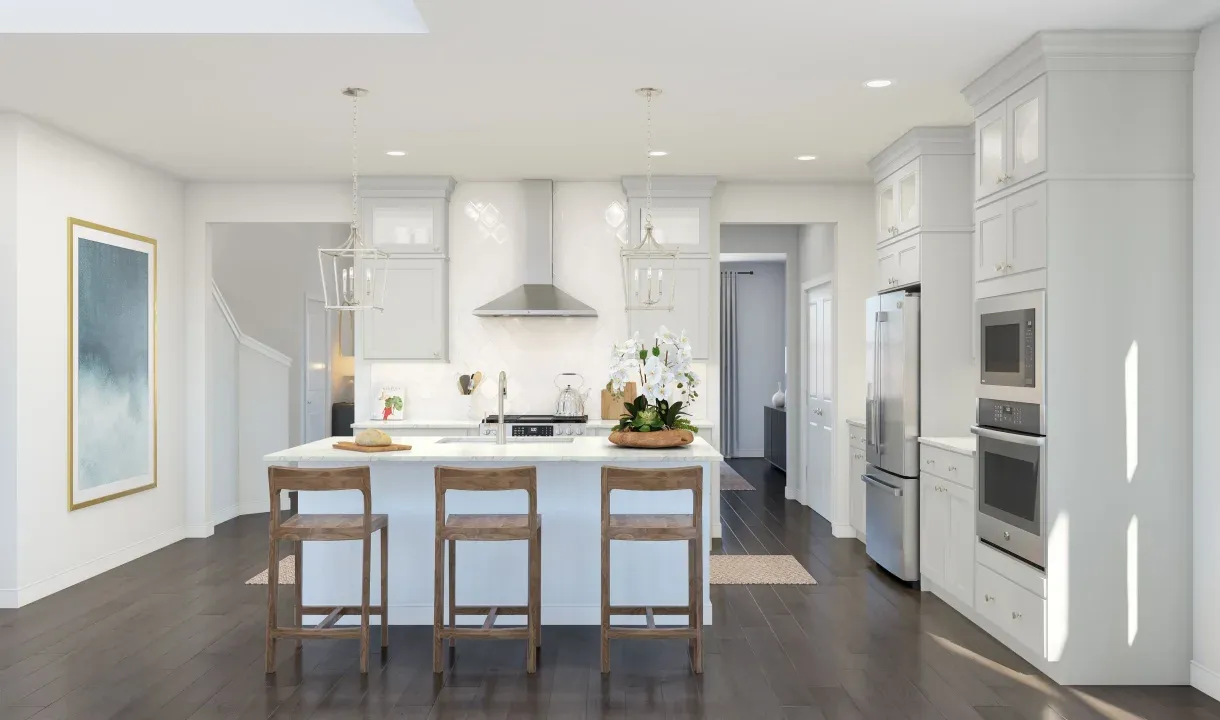Kitchen with glass upper cabinets and pendant lighting