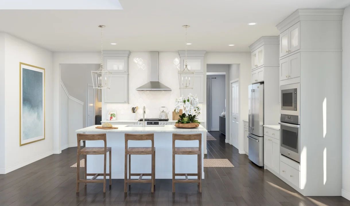 Kitchen with glass upper cabinets and pendant lighting