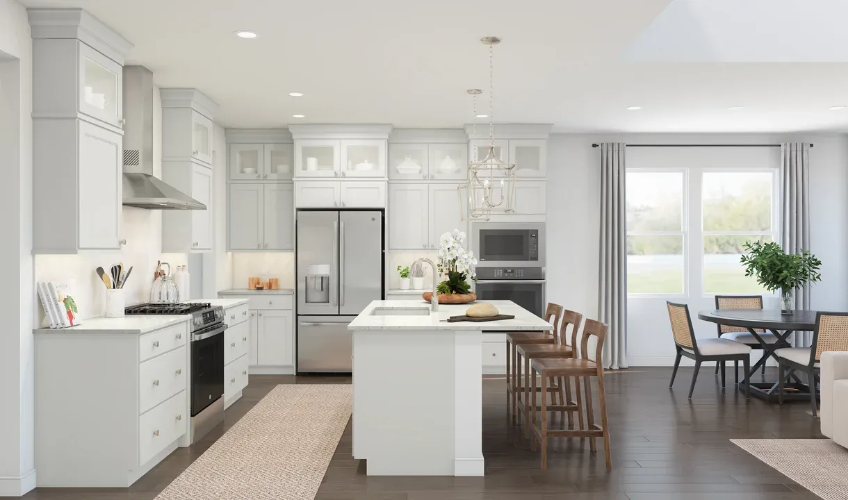 Kitchen with pendant lighting and gorgeous wood flooring